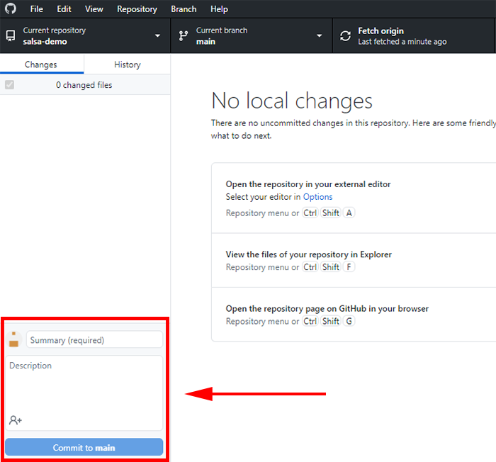 A snapshot of Github Desktop with an arrow point to the commit interface in the bottom left.